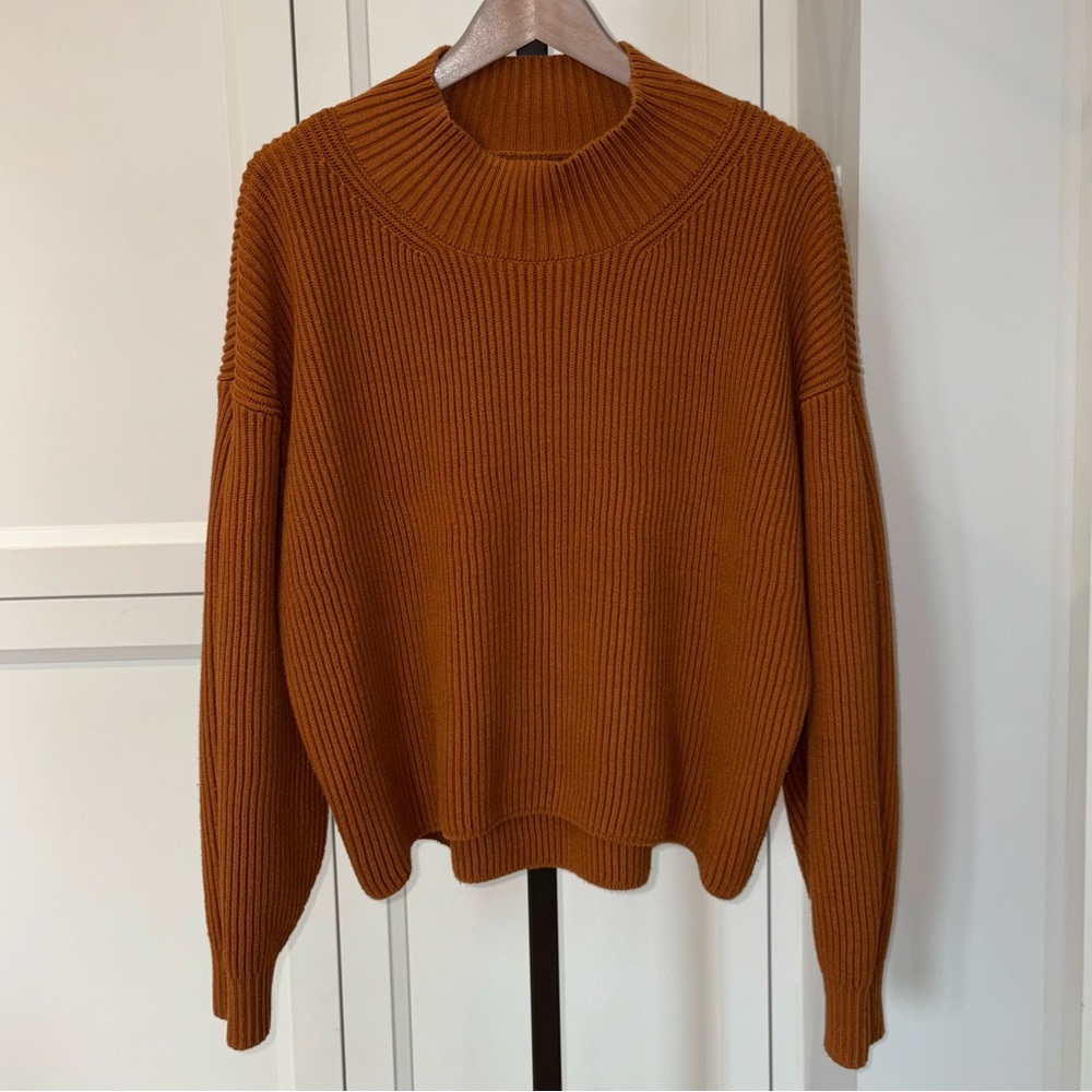 Maeve Anthropologie Women's Mock Neck Brown Bishop Sleeve Crop Sweater Size XL
